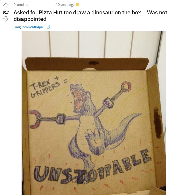 a drawing of a dinosaur on a pizza box