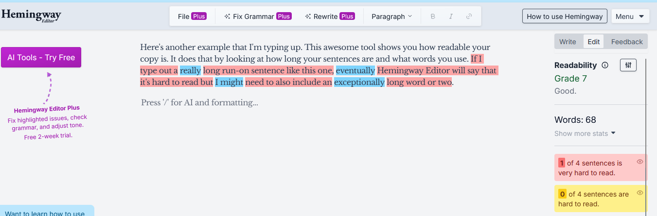 A screenshot of Hemingway editor that showcases this tool's features