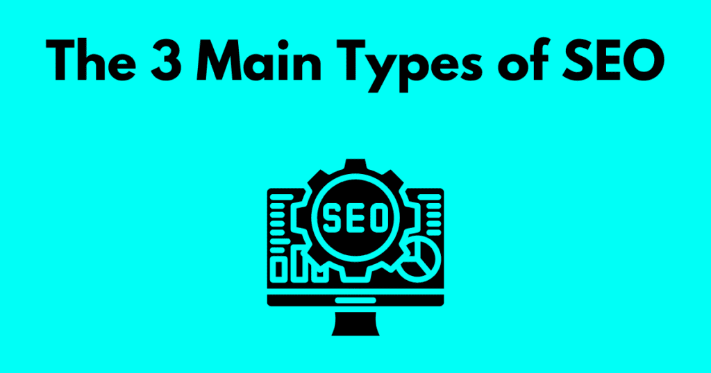 The words the 3 main types of SEO above an image of a computer monitor